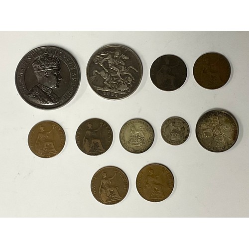 236 - An 1894 silver crown; an Edward VIII Coronation medal; half pennies; etc (quantity)