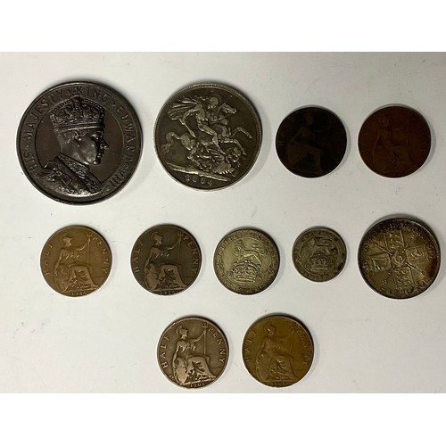 236 - An 1894 silver crown; an Edward VIII Coronation medal; half pennies; etc (quantity)