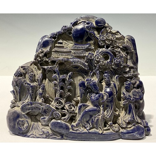 239 - A contemporary Chinese composite  'boulder' moulded as faux lapis lazuli with a village scene, 18cm ... 