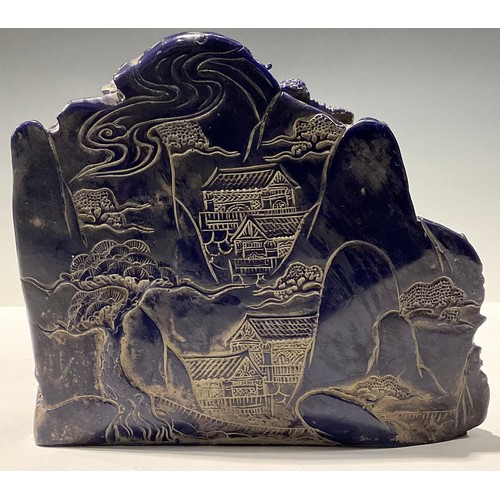 239 - A contemporary Chinese composite  'boulder' moulded as faux lapis lazuli with a village scene, 18cm ... 