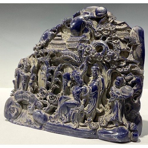 239 - A contemporary Chinese composite  'boulder' moulded as faux lapis lazuli with a village scene, 18cm ... 