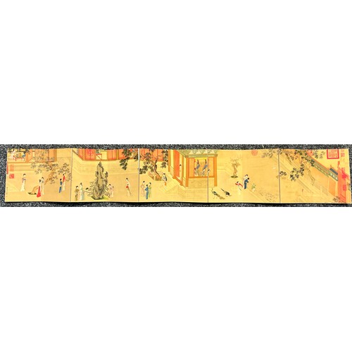 244 - A 20th century Chinese folding ten page booklet, depicting geishas within garden scenes, approx 120c... 