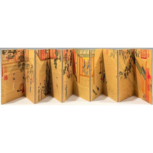 244 - A 20th century Chinese folding ten page booklet, depicting geishas within garden scenes, approx 120c... 