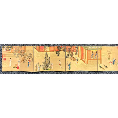 244 - A 20th century Chinese folding ten page booklet, depicting geishas within garden scenes, approx 120c... 