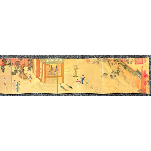 244 - A 20th century Chinese folding ten page booklet, depicting geishas within garden scenes, approx 120c... 