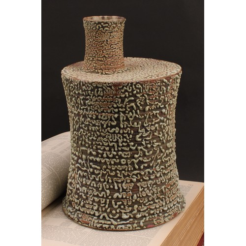 3192 - Studio Pottery - a chimney vase, by Andrew Palin, wriggle worked in green glaze on a brown ground, 3... 