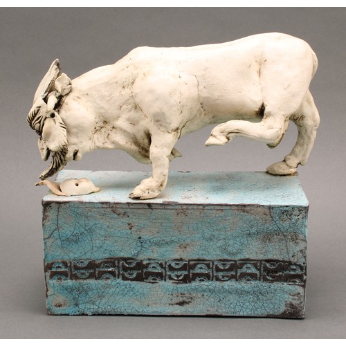 3194 - Studio Pottery - a model of a bull in grotesque mask mauling an infant mask, by Jan Lewis Eccleston,... 