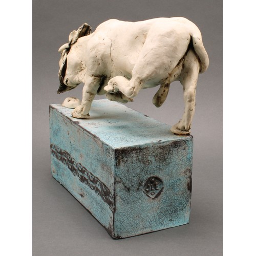 3194 - Studio Pottery - a model of a bull in grotesque mask mauling an infant mask, by Jan Lewis Eccleston,... 