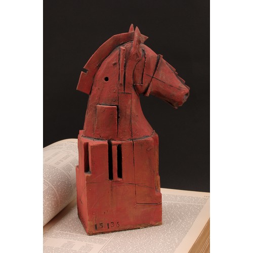 3204 - Studio Pottery - a terracotta slab sided sculpture of a horse, by Christy Keeney, resembling a chess... 