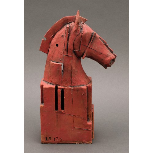 3204 - Studio Pottery - a terracotta slab sided sculpture of a horse, by Christy Keeney, resembling a chess... 