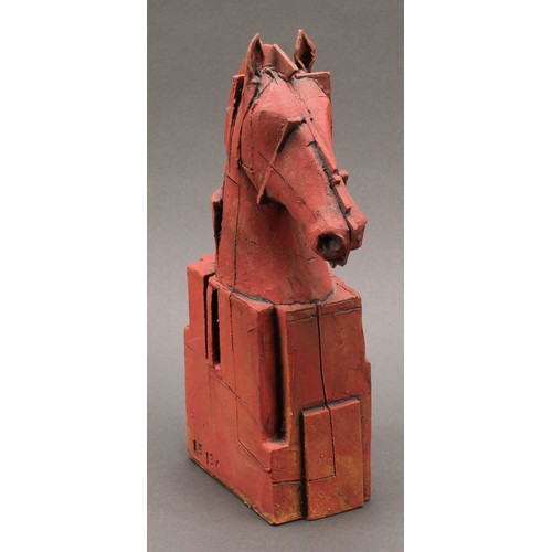 3204 - Studio Pottery - a terracotta slab sided sculpture of a horse, by Christy Keeney, resembling a chess... 