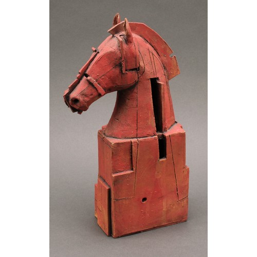 3204 - Studio Pottery - a terracotta slab sided sculpture of a horse, by Christy Keeney, resembling a chess... 