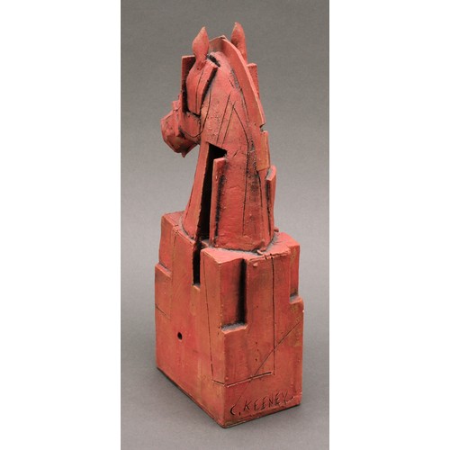 3204 - Studio Pottery - a terracotta slab sided sculpture of a horse, by Christy Keeney, resembling a chess... 