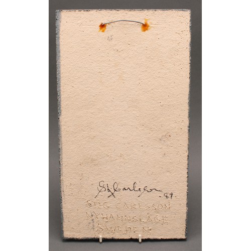 3202 - Studio Pottery - a stoneware wall plaque, by Stig Carlsson, incised and moulded in low relief with a... 