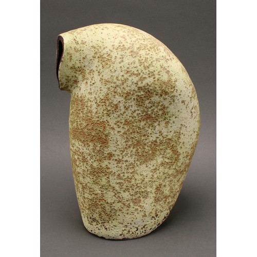 3207 - Studio Pottery - an earthenware vase, monogrammed CB-J, of curved natural form, glazed in textured m... 