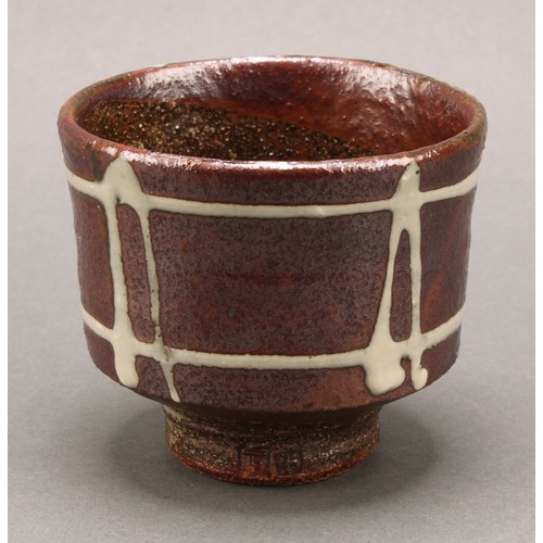 3196 - Studio Pottery - a salt glazed earthenware vessel, by John Bedding, applied with bands of raised whi... 