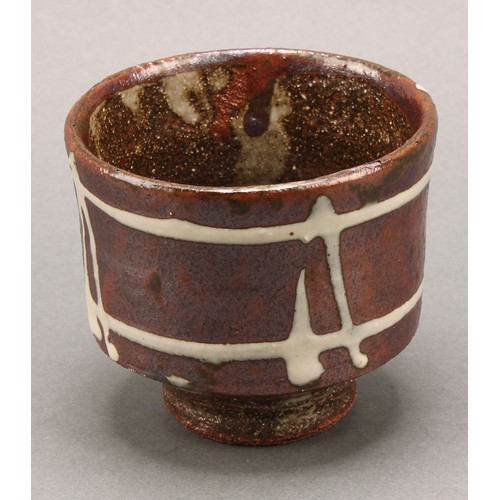 3196 - Studio Pottery - a salt glazed earthenware vessel, by John Bedding, applied with bands of raised whi... 