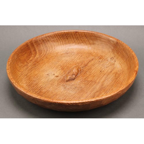 3372 - A Robert Mouseman of Kilburn shallow oak bowl, carved mouse signature to centre, typically adzed thr... 