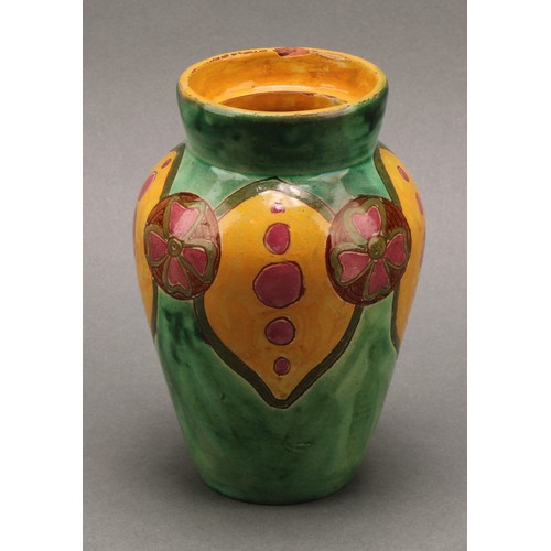 3020 - A Della Robbia vase, incised with roundels and lozenges on a moss green ground, 16cm, number 197, sg... 