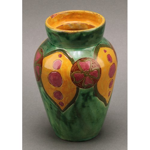 3020 - A Della Robbia vase, incised with roundels and lozenges on a moss green ground, 16cm, number 197, sg... 