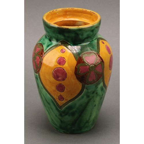 3020 - A Della Robbia vase, incised with roundels and lozenges on a moss green ground, 16cm, number 197, sg... 