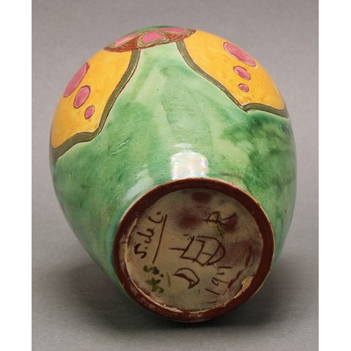 3020 - A Della Robbia vase, incised with roundels and lozenges on a moss green ground, 16cm, number 197, sg... 