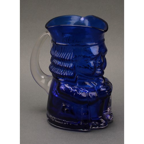 3234 - A Whitefriars glass Barnaby Antique Blue Toby jug, 17cm; a pair of Barnaby Sage Green Toby jugs, 17c... 