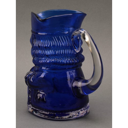 3234 - A Whitefriars glass Barnaby Antique Blue Toby jug, 17cm; a pair of Barnaby Sage Green Toby jugs, 17c... 