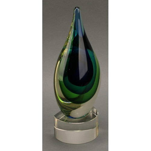 3237 - An Italian Somerso type cased glass teardrop sculpture, pedestal base, 30cm; another smaller; a simi... 