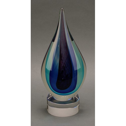 3237 - An Italian Somerso type cased glass teardrop sculpture, pedestal base, 30cm; another smaller; a simi... 