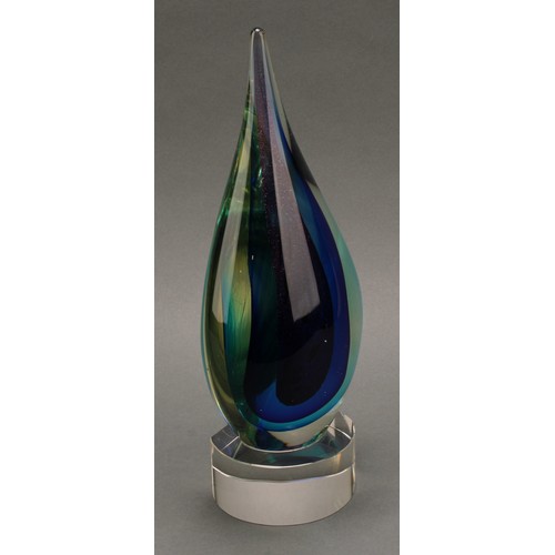 3237 - An Italian Somerso type cased glass teardrop sculpture, pedestal base, 30cm; another smaller; a simi... 