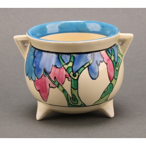 3002 - A Clarice Cliff Bizarre Fantasque Rudyard pattern cauldron vase, painted with blue and pink trees, b... 