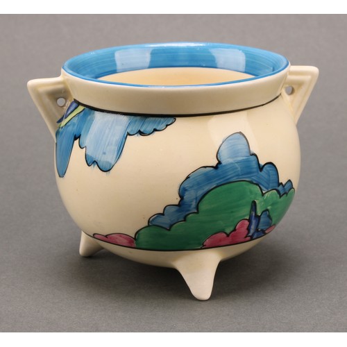 3002 - A Clarice Cliff Bizarre Fantasque Rudyard pattern cauldron vase, painted with blue and pink trees, b... 