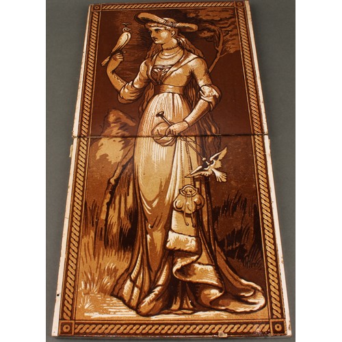 3034 - Wall Tiles - a pair of Minton and Hollins wall tiles, sepia printed with Lady Falconer in Medieval d... 