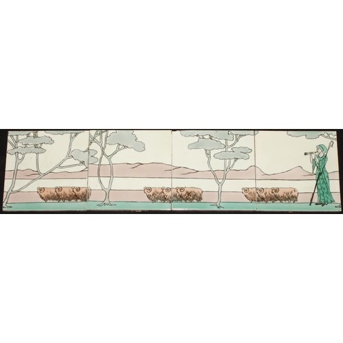 3043 - Wall Tiles - a set of four early 20th century Arts and Crafts wall tiles, Shepherdess with flute and... 