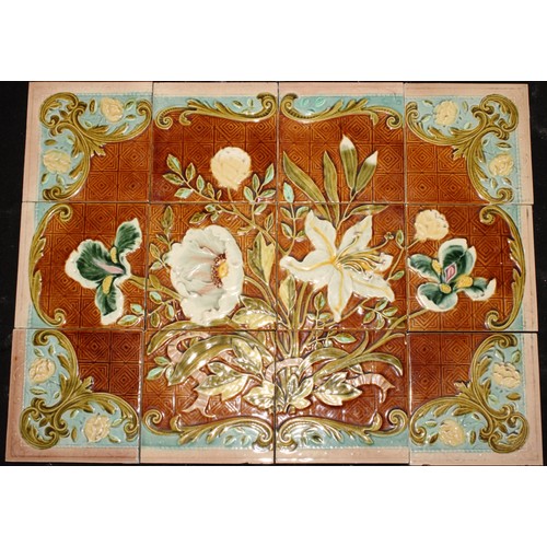 3045 - Wall Tiles - a set of twelve Art Nouveau wall tiles, to form a rectangular panel, decorated in low r... 