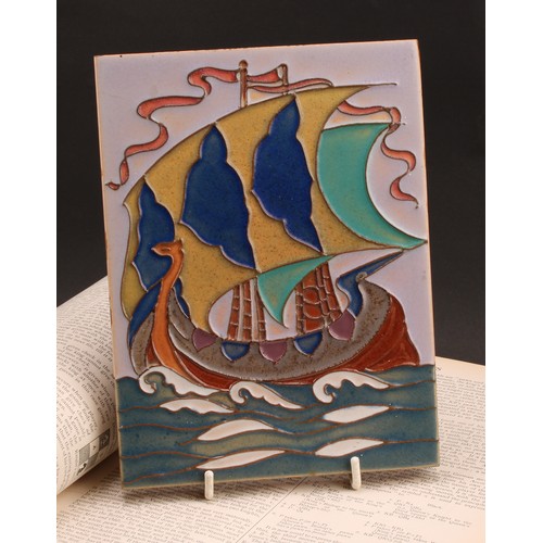 3063 - Wall Tiles - an English wall tile, tube lined with a Longship with flowing sails, applied in bright ... 