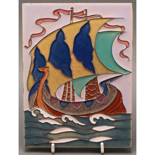 3063 - Wall Tiles - an English wall tile, tube lined with a Longship with flowing sails, applied in bright ... 