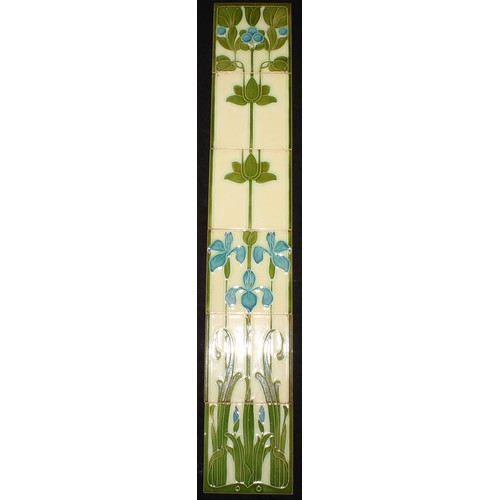 3062 - Wall Tiles - an arrangement of six Art Nouveau majolica tiles, tube lines with lilies, each 15.5cm x... 