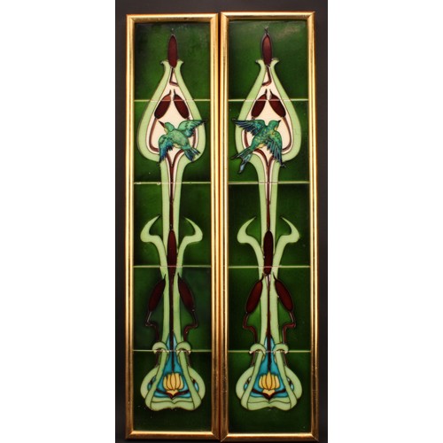 3055 - Wall Tiles - a pair of Carter panels, the majolica tiles tube lined with Kingfisher and Swallow with... 