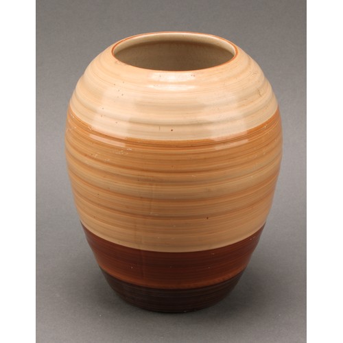 3135 - A pair of Shelley Harmony Art Ware ribbed ovoid vases, painted with bands in tones of brown, 14cm hi... 