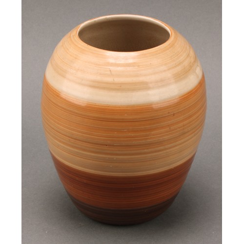 3135 - A pair of Shelley Harmony Art Ware ribbed ovoid vases, painted with bands in tones of brown, 14cm hi... 