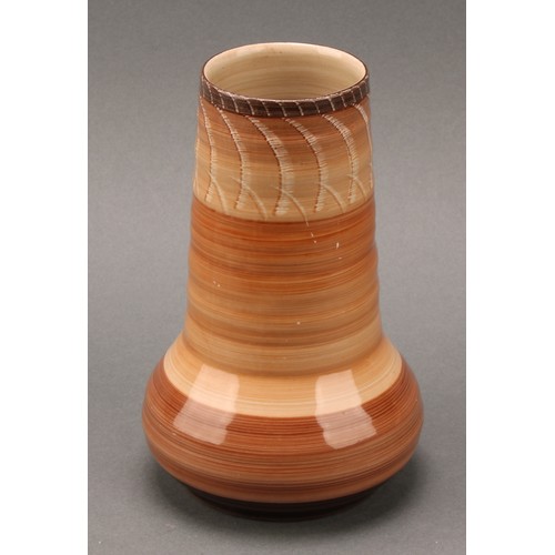 3135 - A pair of Shelley Harmony Art Ware ribbed ovoid vases, painted with bands in tones of brown, 14cm hi... 