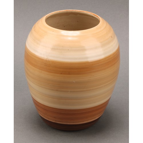 3135 - A pair of Shelley Harmony Art Ware ribbed ovoid vases, painted with bands in tones of brown, 14cm hi... 