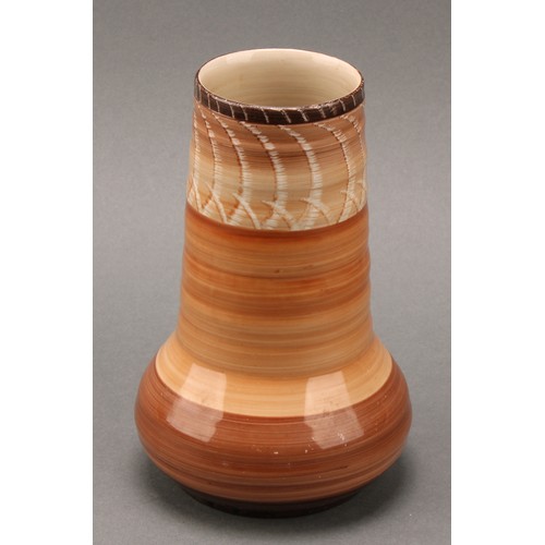 3135 - A pair of Shelley Harmony Art Ware ribbed ovoid vases, painted with bands in tones of brown, 14cm hi... 