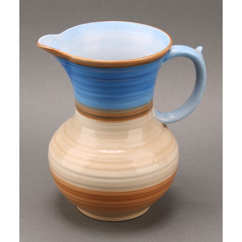 3148 - A Shelley Harmony Art Ware ribbed jug, painted with bands in tones of blue, green and black, 23cm hi... 