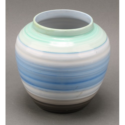 3148 - A Shelley Harmony Art Ware ribbed jug, painted with bands in tones of blue, green and black, 23cm hi... 