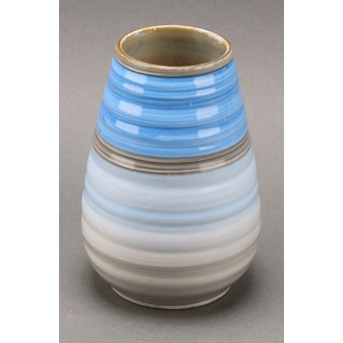 3148 - A Shelley Harmony Art Ware ribbed jug, painted with bands in tones of blue, green and black, 23cm hi... 