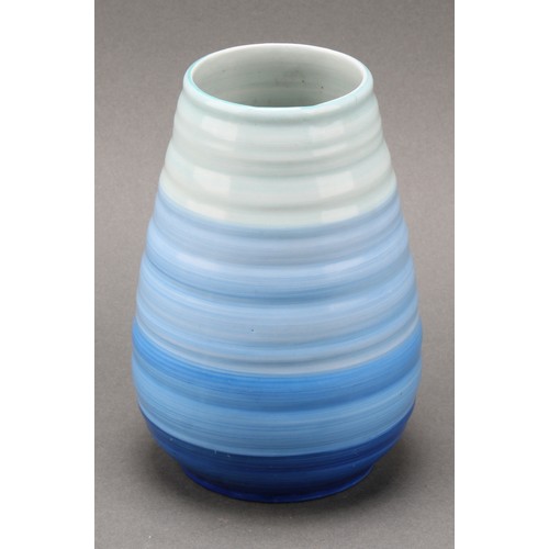 3148 - A Shelley Harmony Art Ware ribbed jug, painted with bands in tones of blue, green and black, 23cm hi... 