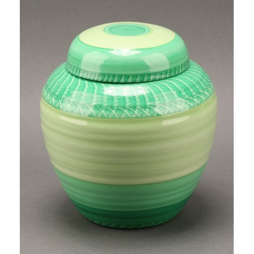 3149 - A Shelley Harmony Art Ware ribbed ovoid ginger jar and cover, painted with bands in tones of green, ... 